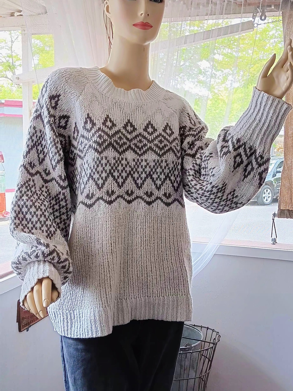 Ava & Viv Cream and Gray Fair Isle Crewneck Sweater